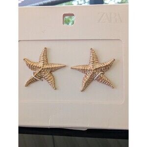 ZARA Earrings Woman NWT Textured Starfish Golden Enameled Metal Beach Resortwear